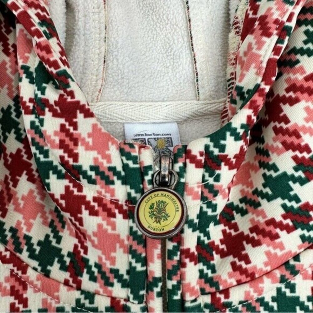Burton Dryride Fleece Hoodie Womens Medium Red Green Houndstooth Full Zip Jacket - Picture 9 of 13